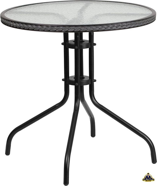 Round Tempered Glass Metal Table with Gray Rattan Edging 28''