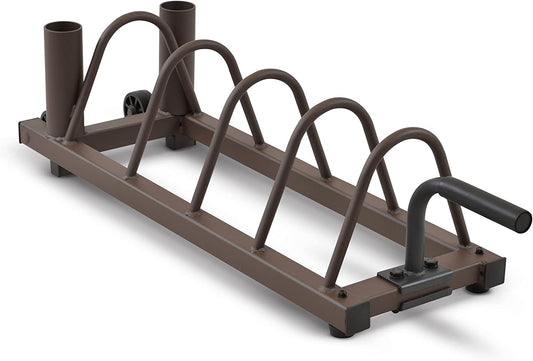 Horizontal Plate and Olympic Bar Rack Organizer with Steel Frame and Transport Wheels