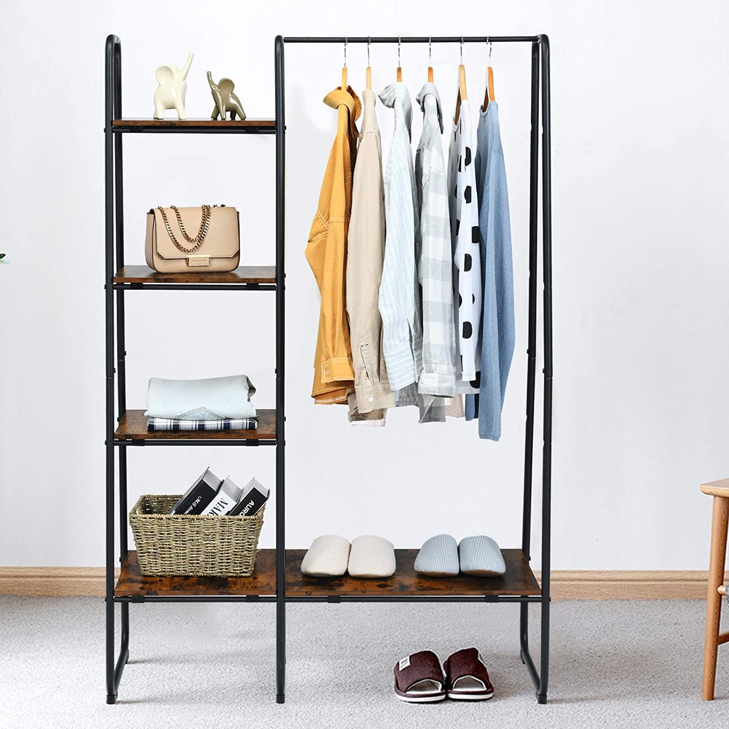 Metal Garment Rack Free Standing Closet Storage Organizer with 5 Shelves and Hanging Bar