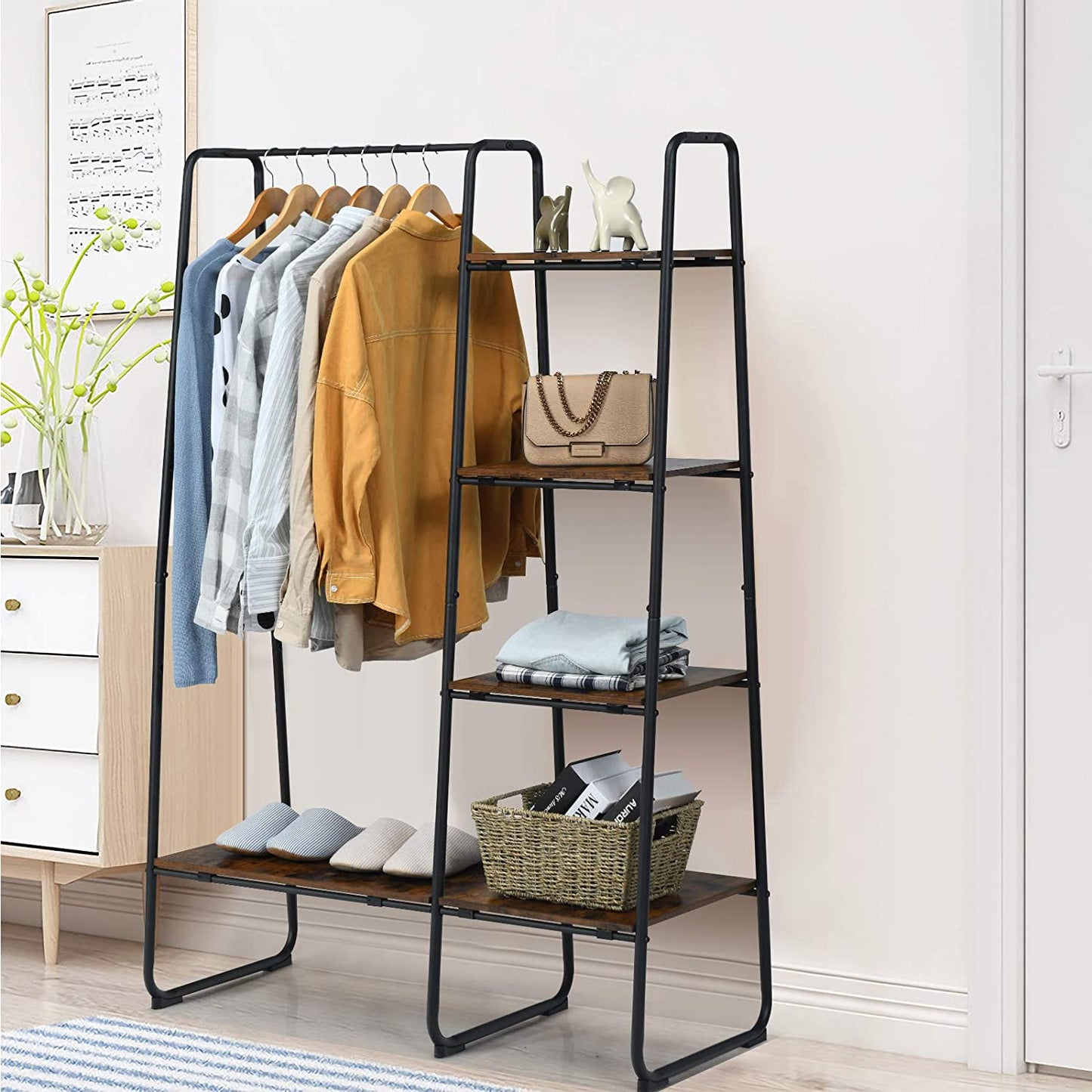 Metal Garment Rack Free Standing Closet Storage Organizer with 5 Shelves and Hanging Bar