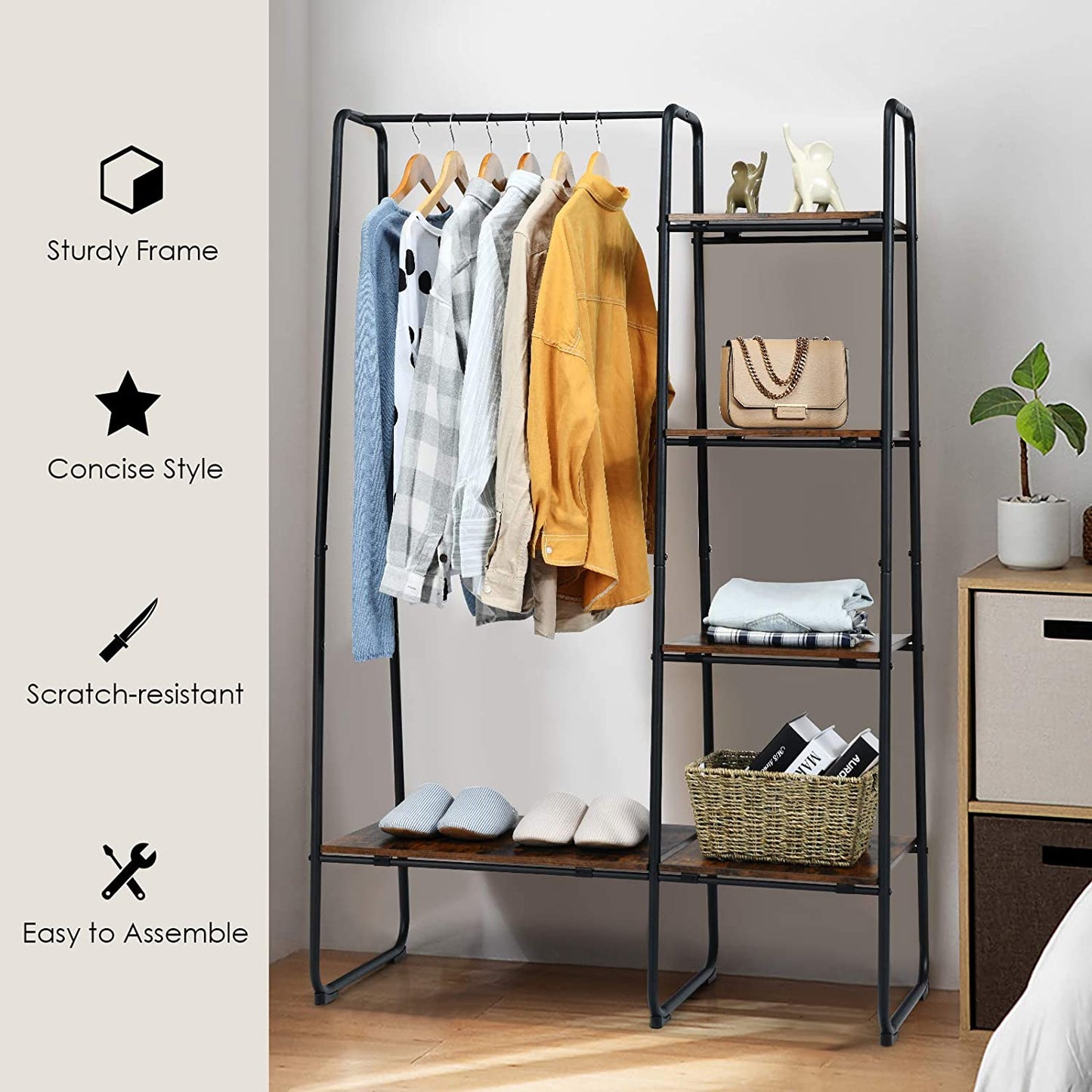 Metal Garment Rack Free Standing Closet Storage Organizer with 5 Shelves and Hanging Bar