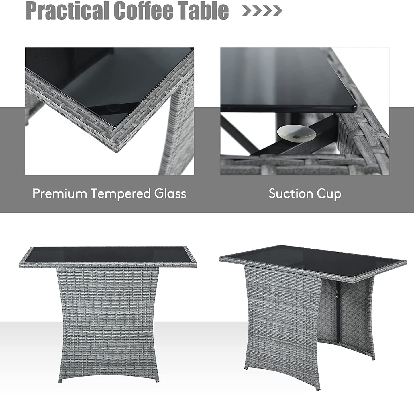 Patio Dining Rattan Bistro Set with Tempered Glass Top Table and Cushioned Chairs 3 Pieces (Gray)
