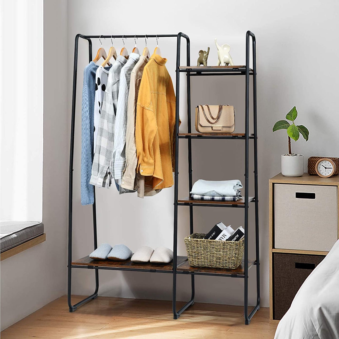 Metal Garment Rack Free Standing Closet Storage Organizer with 5 Shelves and Hanging Bar