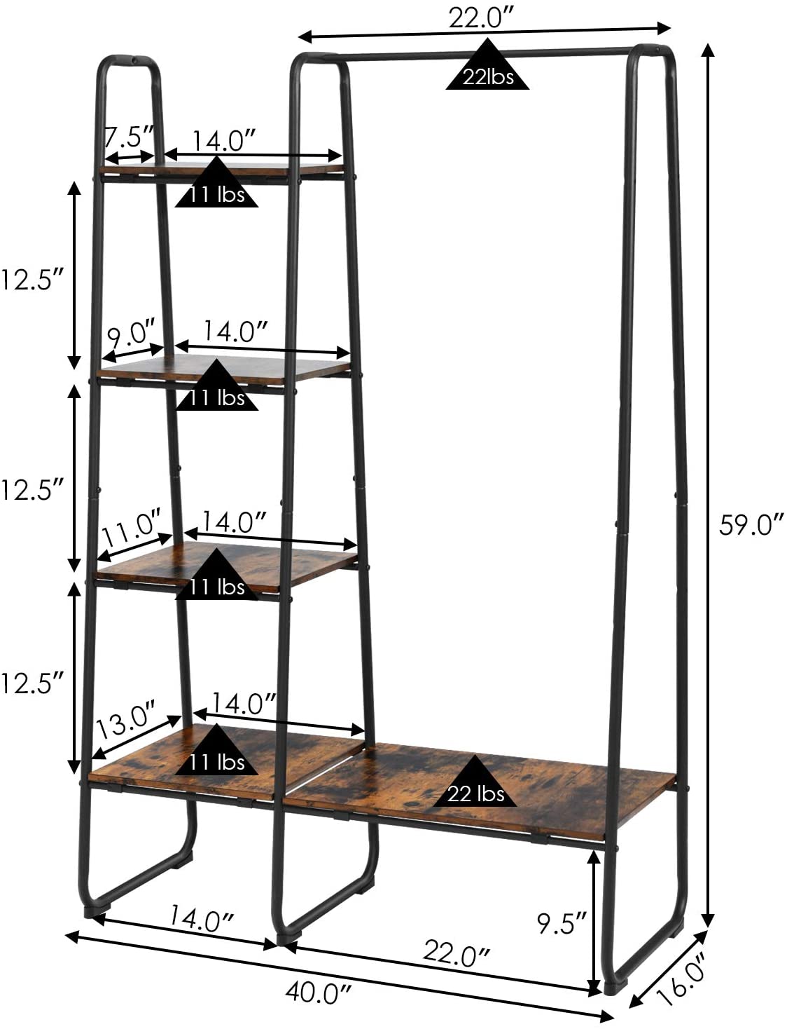 Metal Garment Rack Free Standing Closet Storage Organizer with 5 Shelves and Hanging Bar