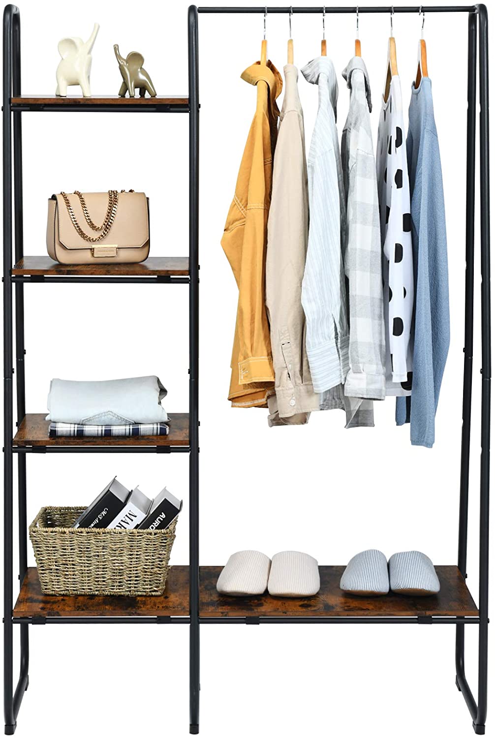 Metal Garment Rack Free Standing Closet Storage Organizer with 5 Shelves and Hanging Bar