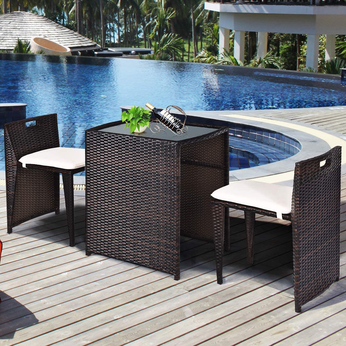 Patio Conversation Set Bistro Set with Tempered Glass Table, with Cushions 3 PCS (Brown)