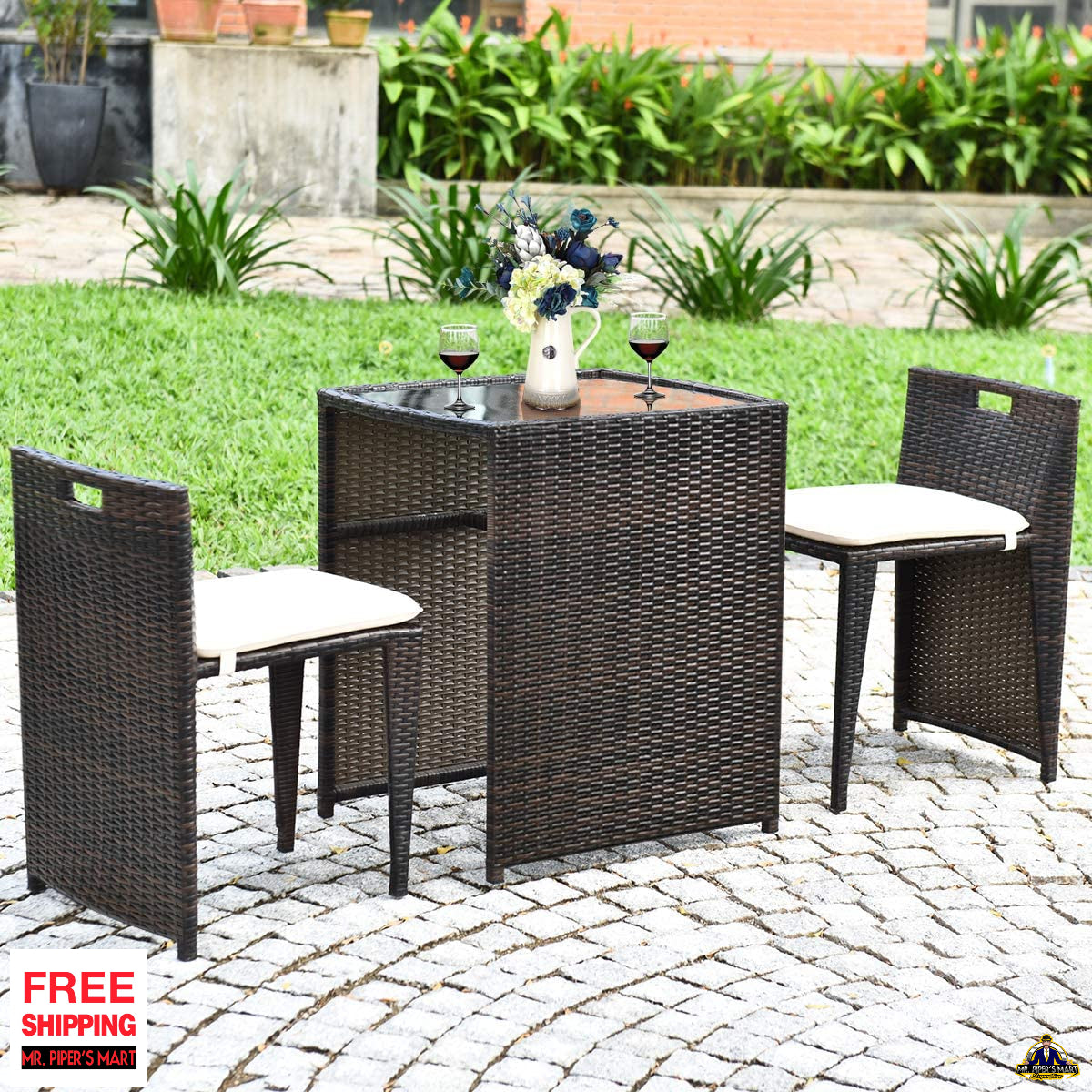 Patio Conversation Set Bistro Set with Tempered Glass Table, with Cushions 3 PCS (Brown)