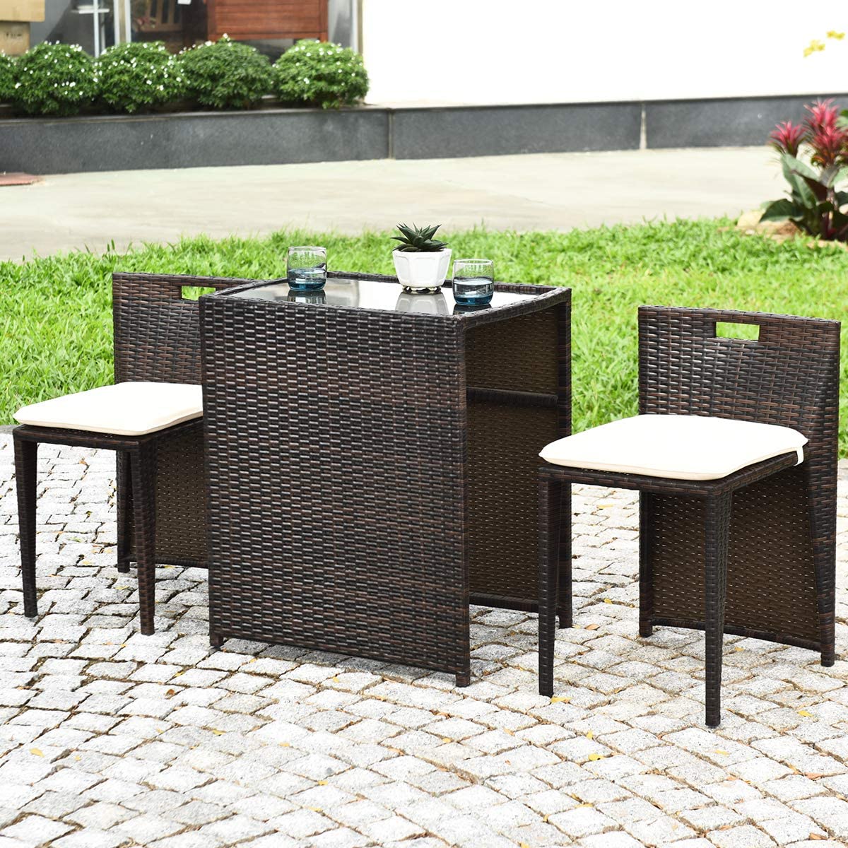 Patio Conversation Set Bistro Set with Tempered Glass Table, with Cushions 3 PCS (Brown)