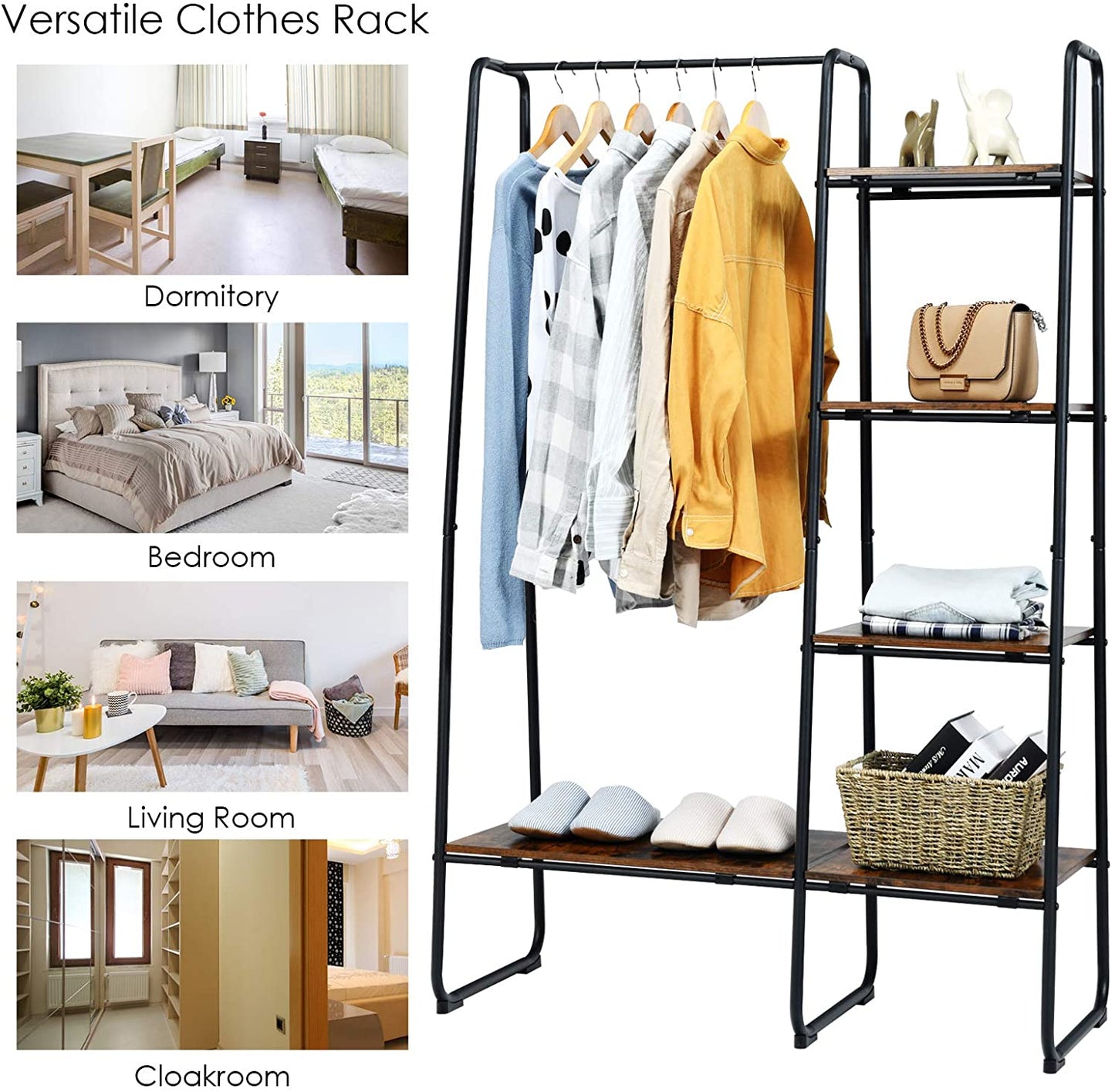 Metal Garment Rack Free Standing Closet Storage Organizer with 5 Shelves and Hanging Bar