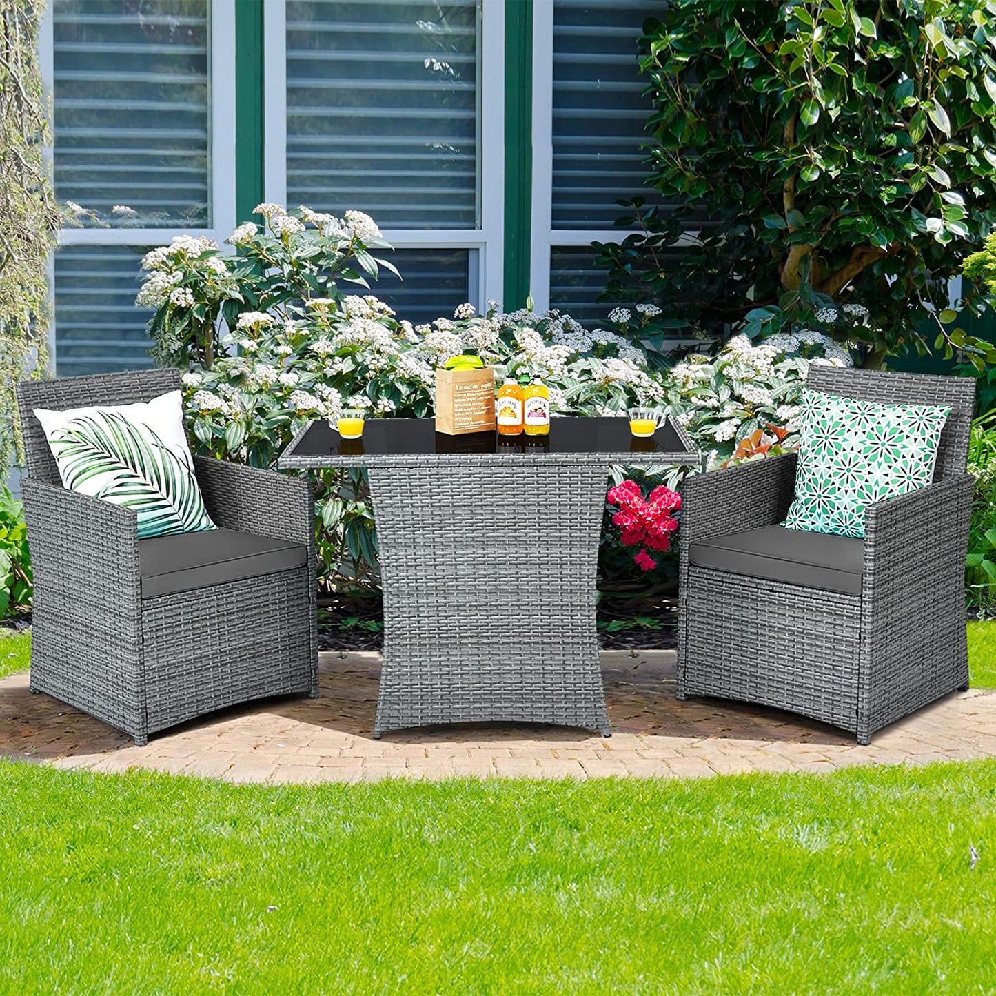 Patio Dining Rattan Bistro Set with Tempered Glass Top Table and Cushioned Chairs 3 Pieces (Gray)