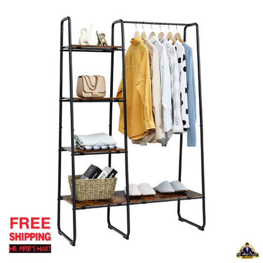 Metal Garment Rack Free Standing Closet Storage Organizer with 5 Shelves and Hanging Bar