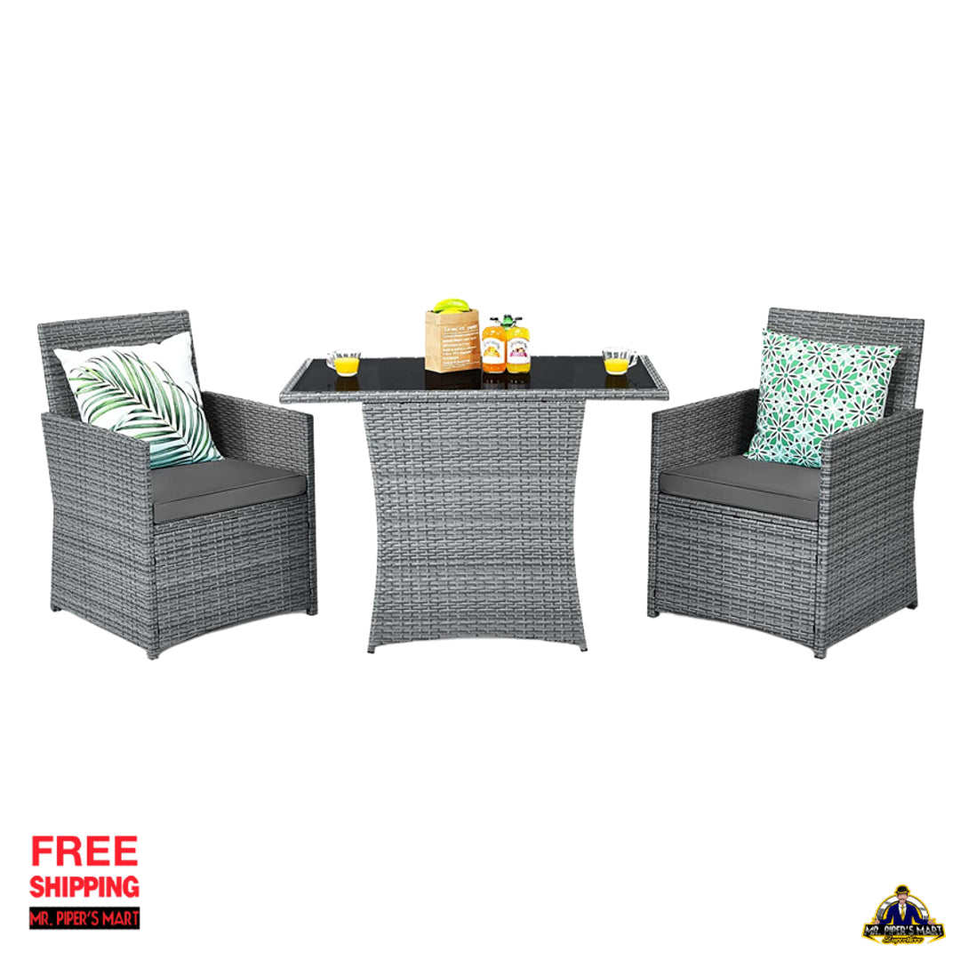 Patio Dining Rattan Bistro Set with Tempered Glass Top Table and Cushioned Chairs 3 Pieces (Gray)